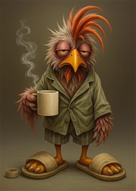 Søvnig fugl med morgenkaffe - Oplev denne sjove illustration af en fugl iført en frakke og slippers, der nyder sin morgenkaffe. Den quirky karakter tilføjer et humoristisk touch til dit rum og sparker dagen i gang med et smil.