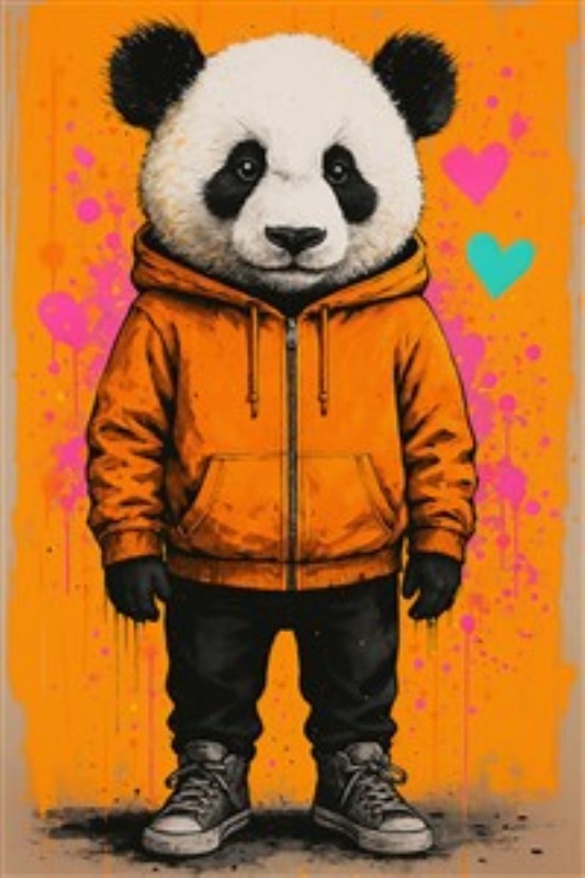 Venlig Panda i Hoodie - Oplev den farverige og livlige panda i sin flotte orange hoodie, der tilføjer en sjov og glad atmosfære til dit rum. Dette kunstværk er perfekt til at sprede glæde og charme, uanset hvor det hænges op.