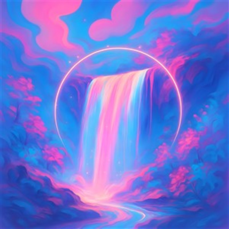 Drømmende Vandfald i Neonfarver - Oplev det magiske og farverige vandfald, hvor drømmende nuancer mødes i en glødende harmoni. Denne illustration lyser ethvert rum op og skaber en beroligende atmosfære for både unge og voksne.