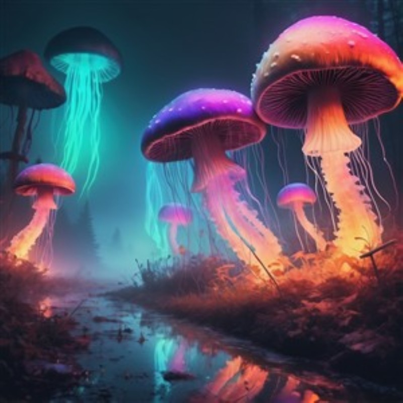 Magiske bioluminescerende svampe i skoven - Oplev et fortryllende landskab fyldt med farverige, lysende svampe, der kaster et drømmende lys over den mystiske skov. Denne illustration skaber en unik atmosfære, der indbyder til fordybelse og fantasi.