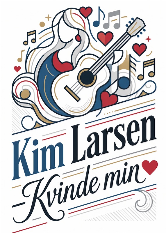 Kim Larsen - Kvinde Min Plakat - Fejr musikken med denne farverige plakat, der hylder Kim Larsens tidløse charme. Giv dit rum liv med noteskvitterne og hjertene, der fremkalder søde minder.