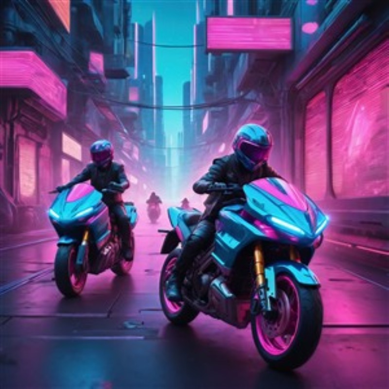 Futuristiske motorcykler i neonlys - Oplev spændingen ved futuristiske motorcykler, der suser gennem en lysende neonby. Dette kunstværk fanger essensen af moderne eventyr og adrenalin, perfekt til at skabe en dynamisk atmosfære i dit hjem.