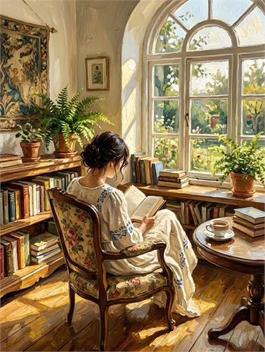 Kvinde læser i klassisk bibliotek - Stemningsfuld illustration af en kvinde, der læser i et lyst klassisk bibliotek med buet vindue, bøger og grønne planter. Varme jordfarver og malerisk stil skaber en rolig, elegant atmosfære til læsehjørnet eller hjemmekontoret.