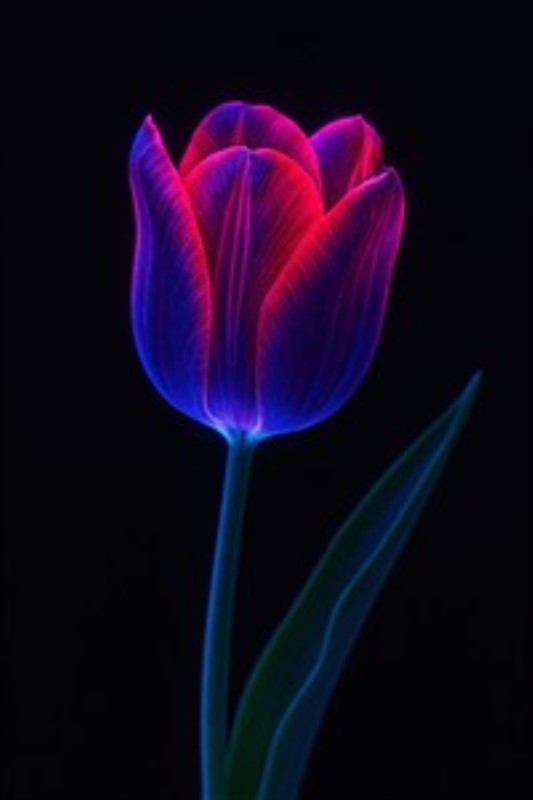 Neon Tulipan: Lysende Skønhed - Oplev den betagende skønhed i en tulipan, der stråler med neonlys mod en dyb sort baggrund. Denne livlige plante tilføjer en moderne og pulserende atmosfære til ethvert rum.