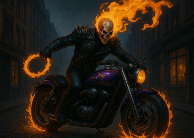 Flammende Rytter på Motorcykel i Mørket - Oplev den intense atmosfære med denne dramatiske kunstværk, der viser en flammende rytter med kranium, der styrer sin motorcykel gennem en mystisk gade. Perfekt til at tilføre et strejf af adrenalin og eventyr til dit rum.
