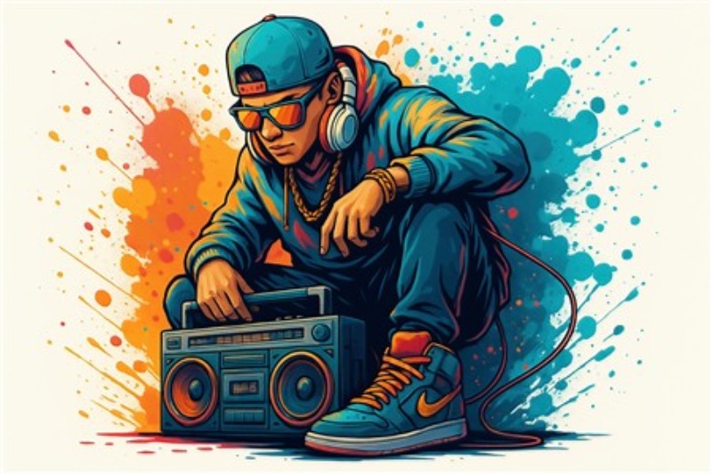 Boombox Beats: Ung Mand i Hip Hop Stil - Oplev energien fra hip hop-kulturen med denne farverige illustration af en ung mand med boombox. Perfekt til at tilføje liv og stil til dit hjem.