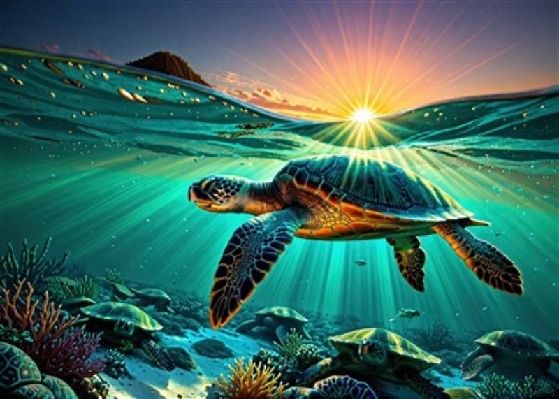 Skildpadde Under Solens Glimt - Oplev en betagende skildpadde svømme under den glitrende overflade, badet i gyldne solstråler. Dette kunstværk bringer liv og energi til ethvert rum, som en påmindelse om naturens skønhed.