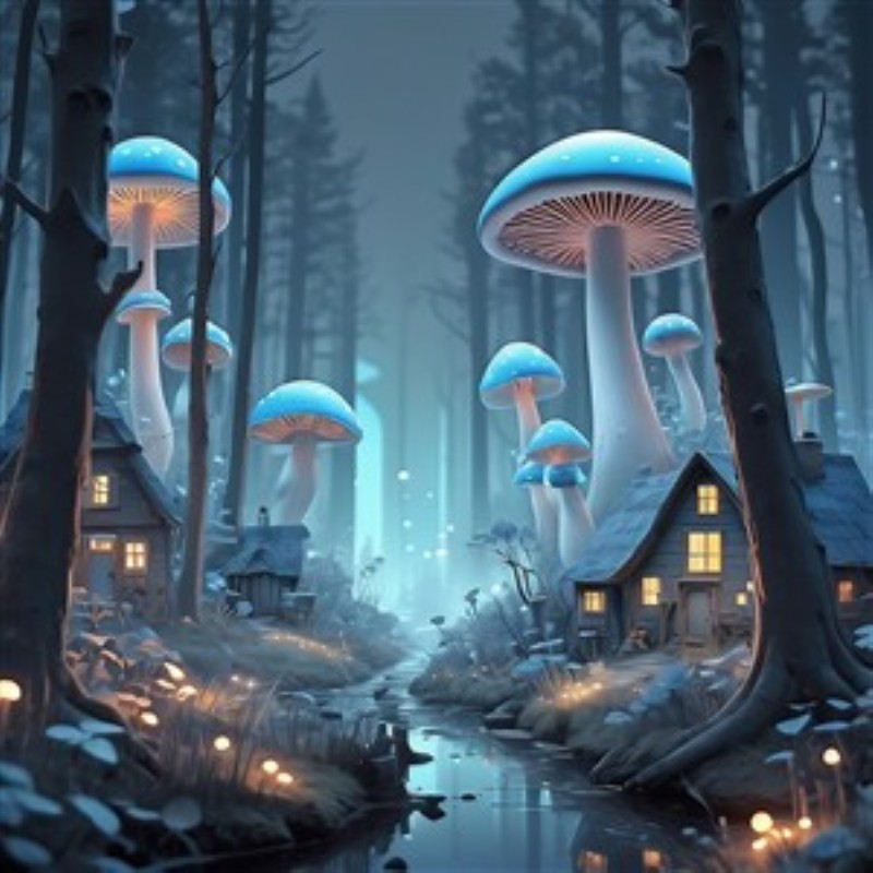 Eventyrlige Svampe i Skovens Lys - Oplev en magisk skov fyldt med strålende svampe og charmerende huse. Denne drømmende scene bringer atmosfære og fantasi ind i dit hjem, perfekt til at inspirere både børn og voksne.