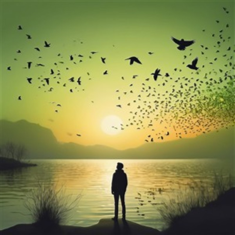 Fuglesymfoni ved solnedgang - Oplev glæden ved naturens skønhed med dette betagende billede af fugle, der danner en levende symfoni mod en farverig solnedgang. Silhuetten af en person står som et symbol på ro og eftertænksomhed, hvilket skaber en magisk stemning i dit rum.