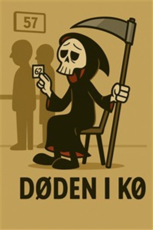 Døden i Ventetid: En Humoristisk Illustration - Denne sjove illustration viser Døden, der tager en pause i køen med sit nummer. En unik og humoristisk tilføjelse til dit hjem, der forener liv og død med et smil.