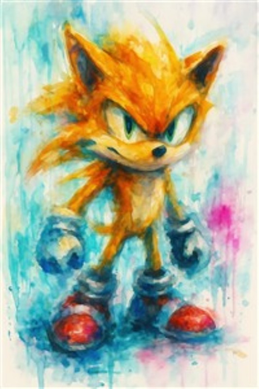 Farverig Sonic i Akvarel - Oplev energien fra vores livlige akvarelillustration af Sonic, vores favorit animerede karakter. De sprudlende farver og dynamiske streger bringer liv og fart ind i ethvert rum.
