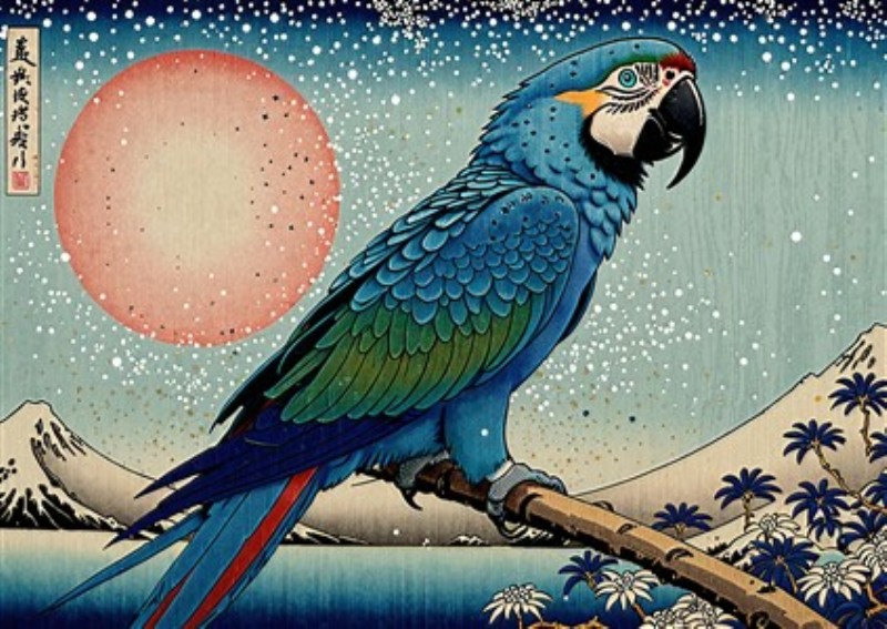 Farverig Papegøje under Solopgang - Oplev skønheden i denne farverige papegøje, der pryder et majestætisk japansk landskab med en stor rød sol. Denne kunstneriske illustration skaber en følelse af ro og naturlig skønhed, perfekt til dit hjem.