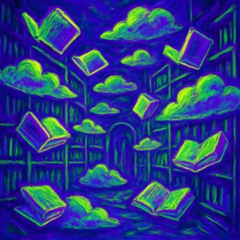 Svævende Bøger i Fantasien - Træd ind i et surrealistisk univers, hvor bøger svæver blandt farverige skyer. Dette unikke kunstværk vil tilføje en drømmende atmosfære til dit hjem og inspirere til nye eventyr.