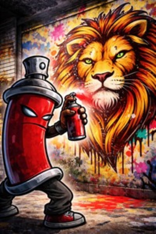 Majestætisk Løve i Farverig Street Art - Oplev et betagende vægmaleri, hvor en kunstner med spraymaling giver liv til en majestætisk løve. Denne farverige kombination af dygtighed og kreativitet vil uden tvivl forvandle dit rum til et kunstnerisk udtryk.
