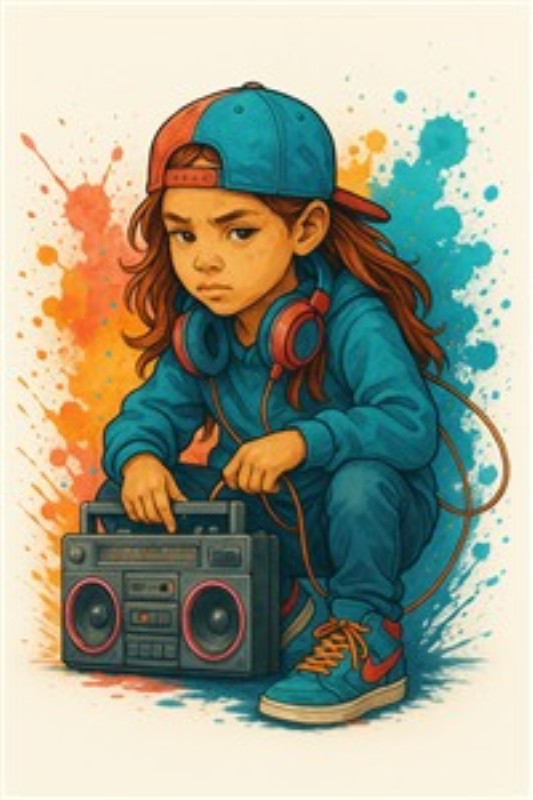 Cool ung pige med boombox i farverig stil - Oplev den energiske stemning i denne illustration af en ung pige iført en sporty hættetrøje og cap, der holder en klassisk boombox. Den farverige baggrund tilføjer liv og dynamik, perfekt til at skabe en trendy atmosfære i ethvert rum.