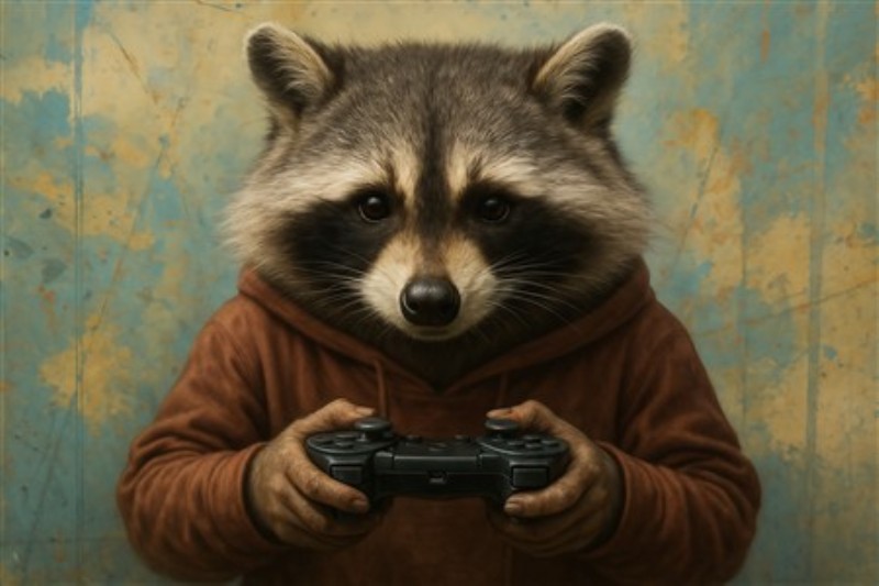 Spilleglad Vaskebjørn i Hoodie - Mød denne charmerende vaskebjørn i hoodie, klar til at dykke ned i gamingens verden. Med sit glade udtryk og controller i hånden bringer den liv og sjov ind i rummet.
