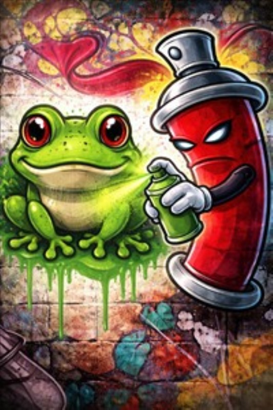 Farverig Frø med Spraydåse - Oplev en livlig fusion af graffiti og natur med dette farverige billede af en frø og en spraydåse. Den sjove og energiske stemning gør det til et perfekt valg til børneværelset eller kreative rum.
