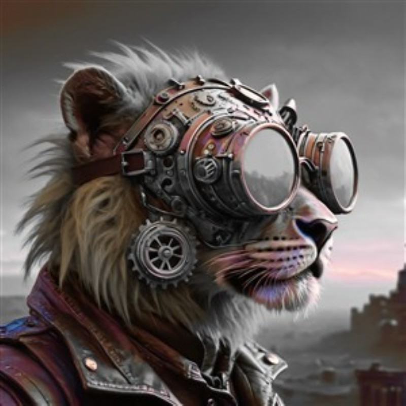 Futuristisk Steampunk Løve med Goggles - Oplev den unikke charme ved en løve iført futuristiske goggles og steampunk-detaljer. Dette kunstværk tilføjer en iøjnefaldende og dristig atmosfære til dit rum, perfekt til dem, der værdsætter en kombination af natur og innovation.