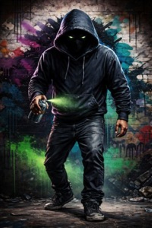 Graffiti Energi i Action - Oplev kraften fra urbane kunstnere, der fanger øjeblikket med sprøjtende grøn maling. Denne dynamiske vægkunst skaber liv og energi, perfekt til at inspirere kreativitet i dit rum.