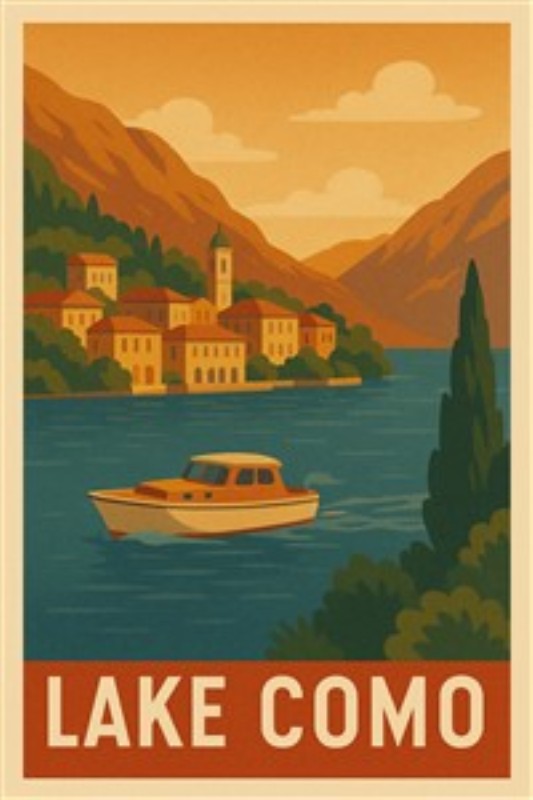 Malerisk Udsigt over Como Sø - Oplev den fortryllende skønhed ved Como Sø med denne maleriske plakat. En båd glider stille over vandoverfladen, omfavnet af majestætiske bjerge og farverige bygninger, hvilket skaber en fredelig atmosfære i dit hjem.