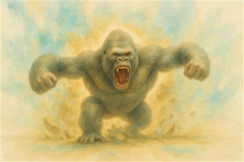 Kraftfuld gorilla i aktion - Oplev det dramatiske udtryk i dette maleri af en majestætisk gorilla, der brøler op i luften. Den kraftfulde energi og de intense farver bringer en unik dynamik til dit hjem.