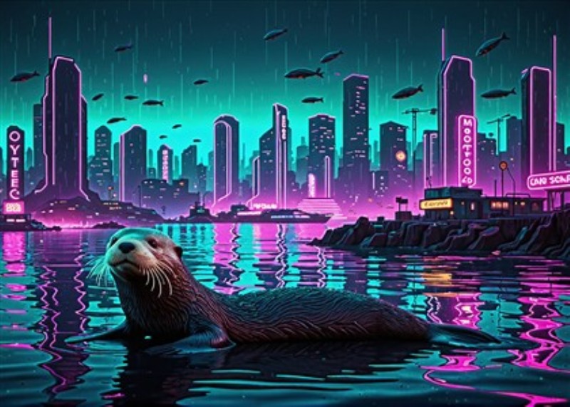 Neonbyen med Otte: Fremtidens Havliv - Oplev en drømmende futuristisk neonby, hvor en legesyg otter svømmer i det lysende vand. Denne levende scene skaber en magisk stemning og bringer fremtiden til liv i dit hjem.