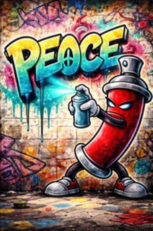 Farverig Graffiti med Budskab om Fred - Oplev denne livlige graffiti, der udstråler energi og fred. Karakteren, der sprayer ordet 'PEACE', tilføjer et unikt og inspirerende element til dit rum, perfekt til at fremme positive vibes.