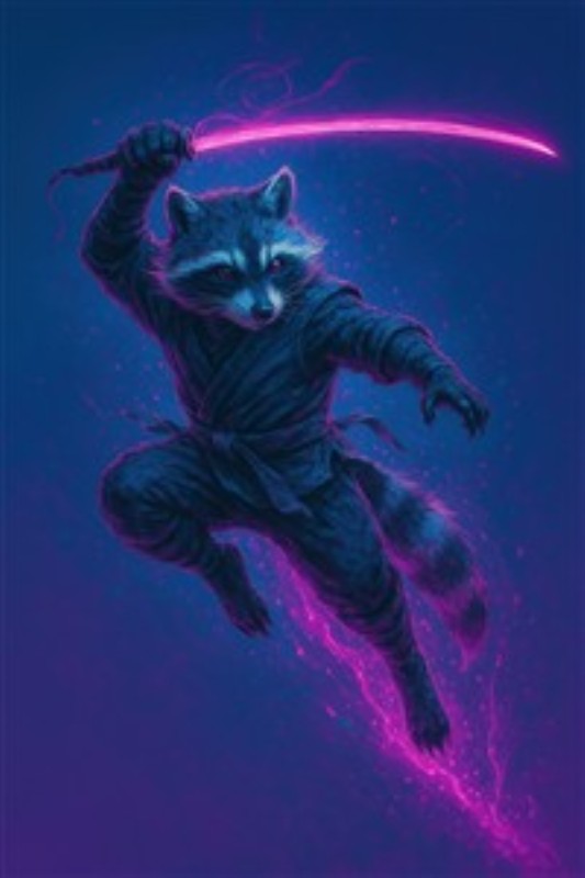 Neon Ninja Vaskebjørn på Eventyr - Oplev det vilde eventyr med denne farverige neon-ninja vaskebjørn! Billedet fanger den dynamiske bevægelse og energiske atmosfære, perfekt til at inspirere fantasi og leg i børneværelset.