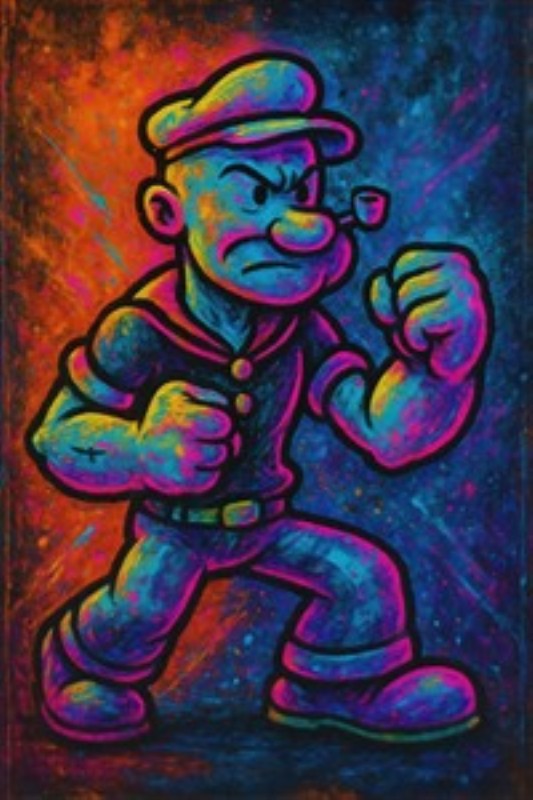 Kraftfuld og Farverig Popeye Kunst - Oplev energien fra denne farverige skildring af den ikoniske karakter Popeye, der står klar til at tackle enhver udfordring. Dens livlige farver og dynamiske udtryk vil tilføje et strejf af sjov og styrke til dit hjem.