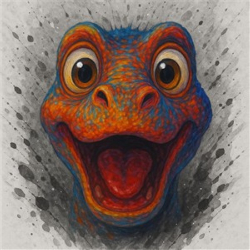 Glad dinosauruss med farverigt udtryk - Oplev glæden i denne farverige dinosaur, der med sit store smil og livlige personlighed bringer liv til ethvert rum. Det perfekte kunstværk til at skabe en munter atmosfære i dit hjem.