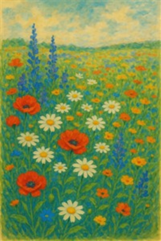 Livligt blomsterdrøm med valmuer og margueritter - Oplev den sprudlende skønhed i denne blomstereng, som fylder rummet med liv og farver. De strålende røde valmuer og de blændende hvide margueritter skaber en harmonisk atmosfære under den klare himmel.