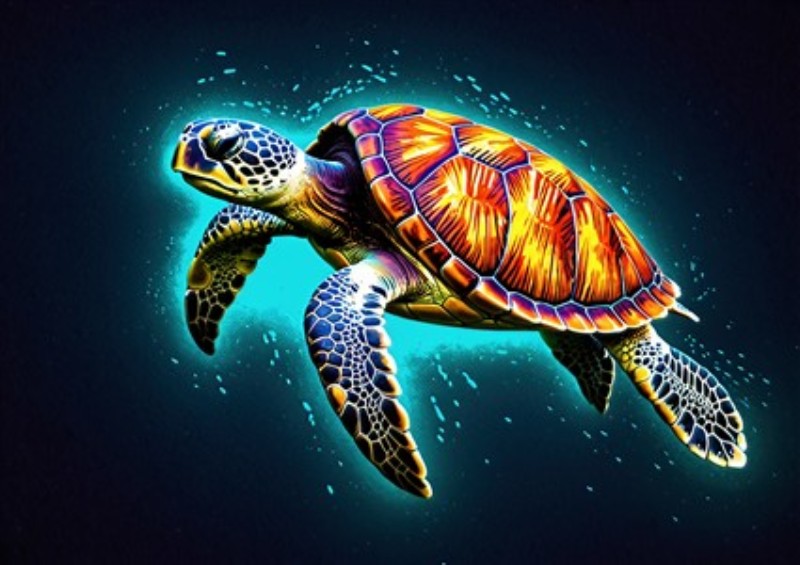 Fantasifuld Skildpadde i Farverigt Hav - Oplev den magiske verden under vandet med dette farverige kunstværk af en skildpadde, der svømmer gennem det glitrende blå hav. Det vibrerende design tilføjer liv og energi til ethvert rum.
