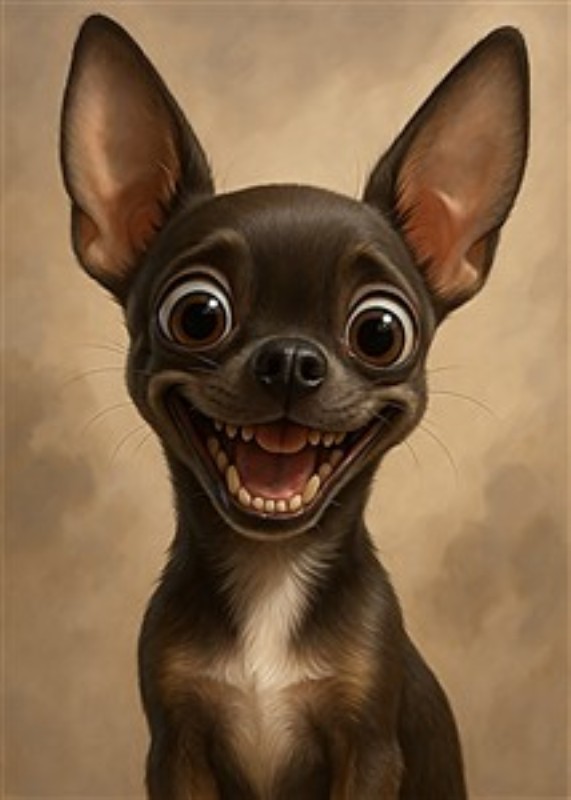 Lykkelig Chihuahua med Udtryksfulde Øjne - Denne livsglade Chihuahua lyser ethvert rum op med sit store smil og sin nuttede personlighed. Et perfekt valg for dyreelskere, der ønsker en farverig og glad stemning i deres hjem.