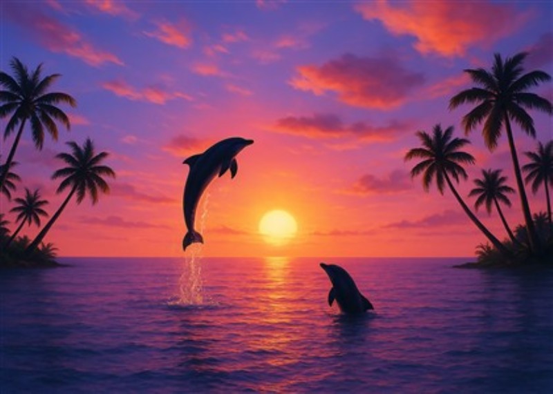 Delfinleg ved solnedgangsdrøm - Oplev den betagende skønhed ved to delfiner, der legende sprøjter vand i en farverig solnedgang, omfavnet af svajende palmer. Denne plakat bringer en afslappende atmosfære af hav og frihed ind i dit hjem.