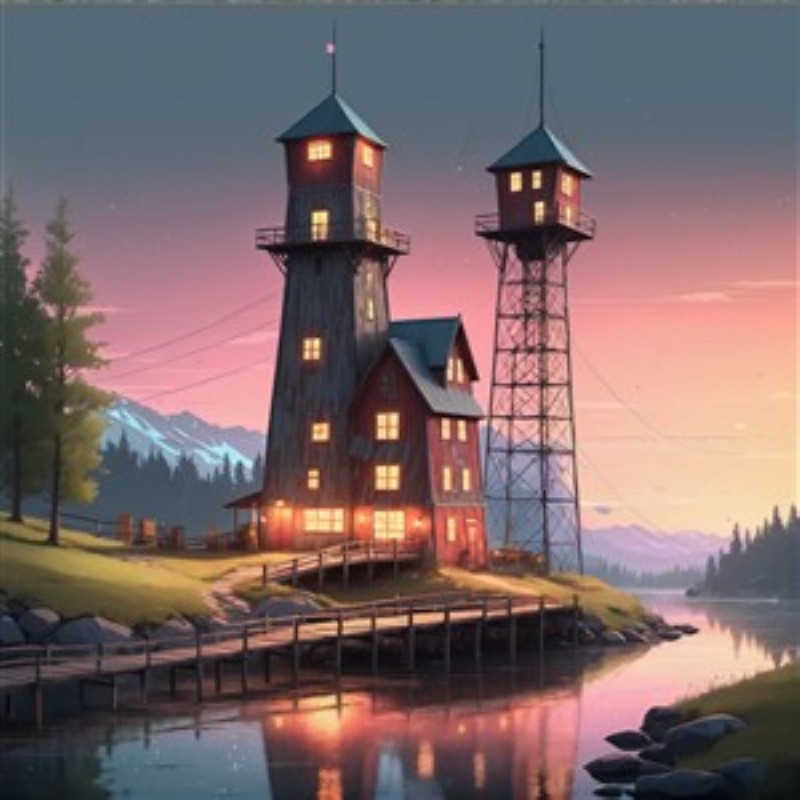 Idyllisk Landsby ved Solnedgang - Oplev den magiske atmosfære i en charmerende landsby, hvor tårne strækker sig mod den farverige himmel ved solnedgang. Den fredelige sø og de omgivende bjerge skaber et perfekt scenarium for drømme og ro.