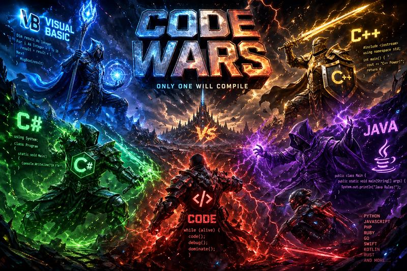 Kodekrige: Den Ultimative Programmering Duel - Oplev spændingen i programmering med 'Kodekrige', hvor stærke sprog som C++, Java og Visual Basic kæmper om dominans. Denne plakat er en dramatisk hyldest til den kreative kraft i kodning, perfekt til enhver tech-entusiast.