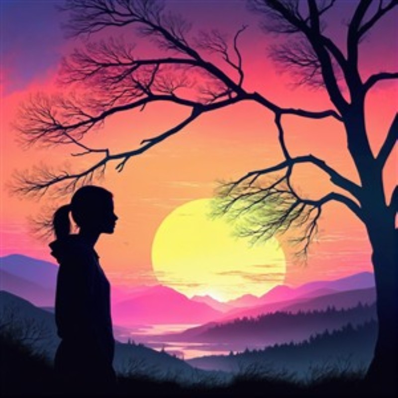 Farverig Solnedgang med Silhuet - Oplev den betagende skønhed i en livlig solnedgang, der omfavner en elegant silhuet i forgrunden. De farverige nuancer og de majestætiske bjerge skaber en harmonisk atmosfære, perfekt til at bringe varme og inspiration ind i dit rum.