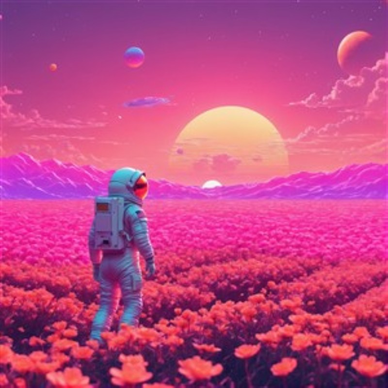 Astronaut i En Drømmende Pink Verden - Oplev en fascinerende astronaut, der står midt i et surrealistisk, pink landskab fyldt med blomster. Dette kunstværk indfanger en drømmende atmosfære og inviterer beskueren til at udforske grænserne mellem virkelighed og fantasi.
