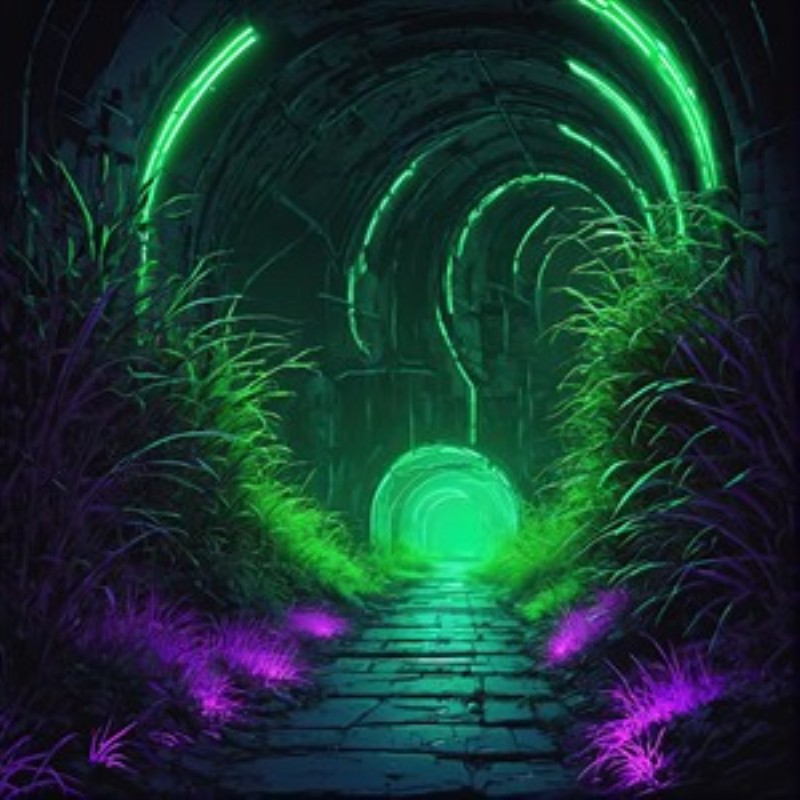 Neon Portal til Eventyret - Træd ind i en magisk verden med en livlig sti oplyst af neonlys, der fører gennem en mystisk tunnel fyldt med frodig vegetation. Denne farverige kunstværk skaber en drømmeagtig atmosfære, perfekt til at vække fantasi og undren.