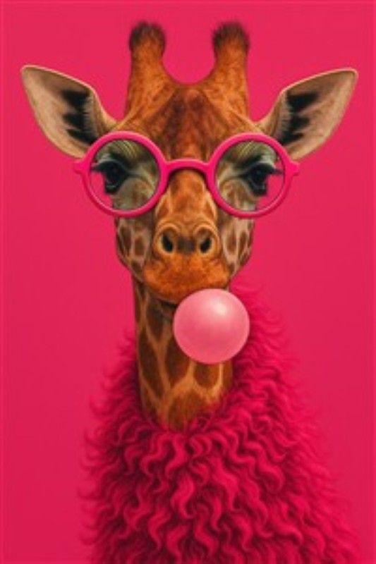 Hip Giraffe med Briller og Bublegummi - Oplev sjov og farveglæde med denne unikke plakat af en giraffe iført lyserøde briller og blæser bobler. Det perfekte kunstværk til at bringe liv og humor ind i dit hjem.