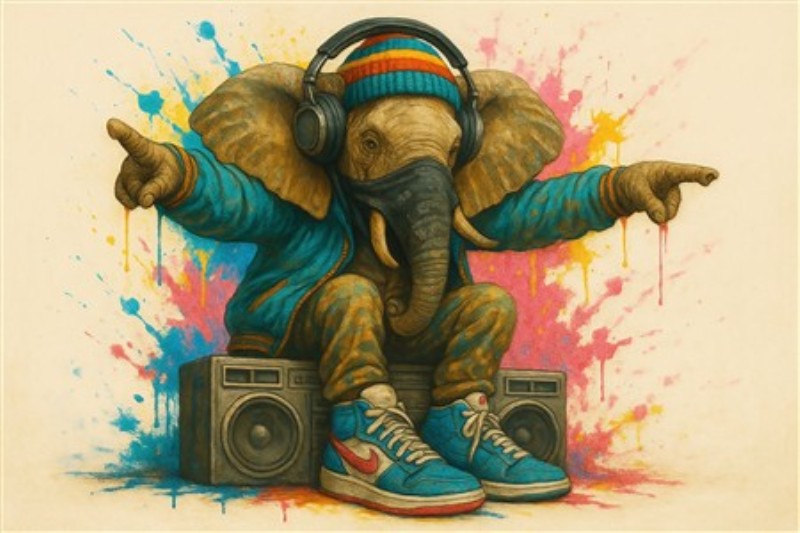 Hip Hop Elefant med Stil og Vibes - Forvandl dit rum med en livlig illustration af en hip hop-elefant, iført hovedtelefoner og sporty sæt. Det sprudlende farvevalg og den energiske stemning tilføjer et sjovt og unikt præg til dit hjem.