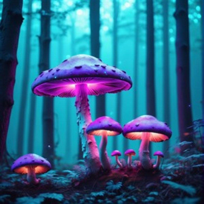 Fortryllede Svampe i Mystisk Skov - Oplev magien i en fortryllet skov med disse strålende svampe. Deres blålige og lilla nuancer bringer liv og mystik ind i dit hjem, perfekt til at skabe en drømmeagtig atmosfære.