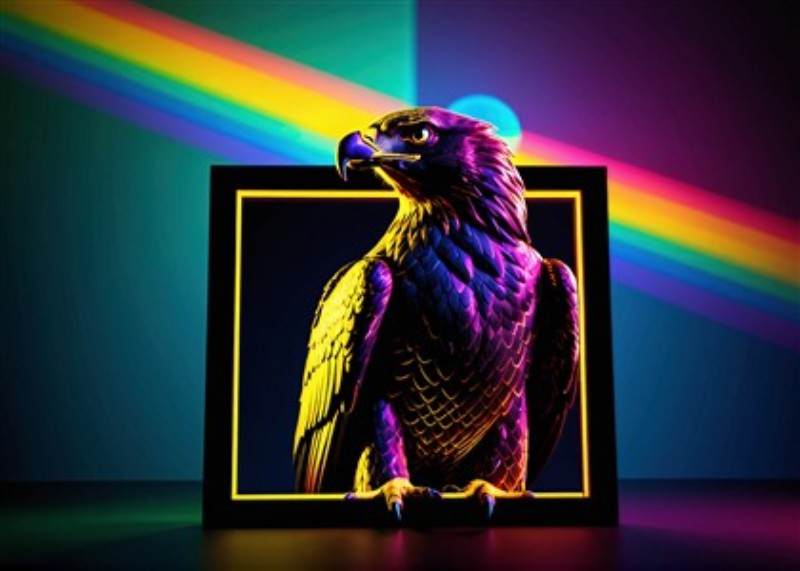 Farverig Ørn med Lysende Energi - Oplev den majestætiske ørn i strålende farver, indrammet af hypnotiserende lysstråler. Dette digitale kunstværk bringer liv og energi til ethvert rum, perfekt til at inspirere din indretning.