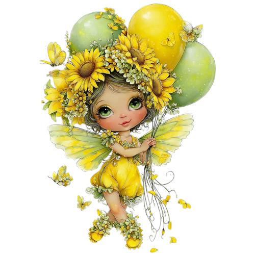 Gul blomsterfe med balloner