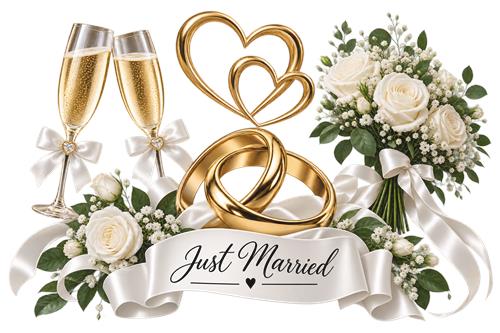 Just Married med guldringe og hvide roser