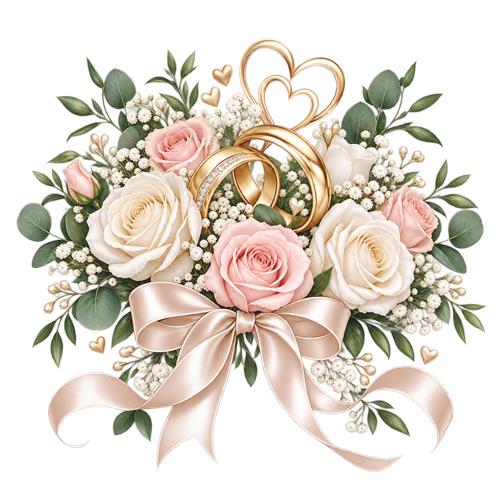 Romantisk blomsterbuket med vielsesringe