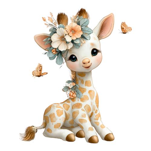 Sød girafunge med blomster og sommerfugle