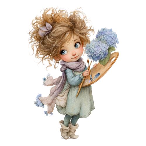 Pige med malerpalette og hortensia