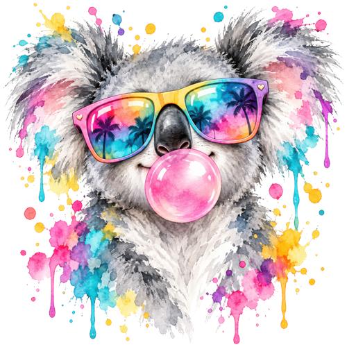 Farverig koala med solbriller og tyggegummi